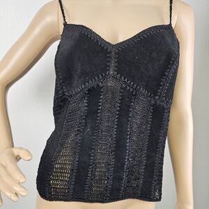 Y2K Passport Black Crochet Leather Babydoll Tank Top Cami Sz L Whimsigoth